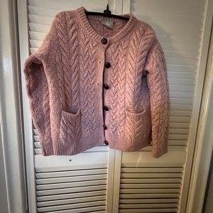 ARAN Cable Knit Merino Wool Cardigan Pink Size M